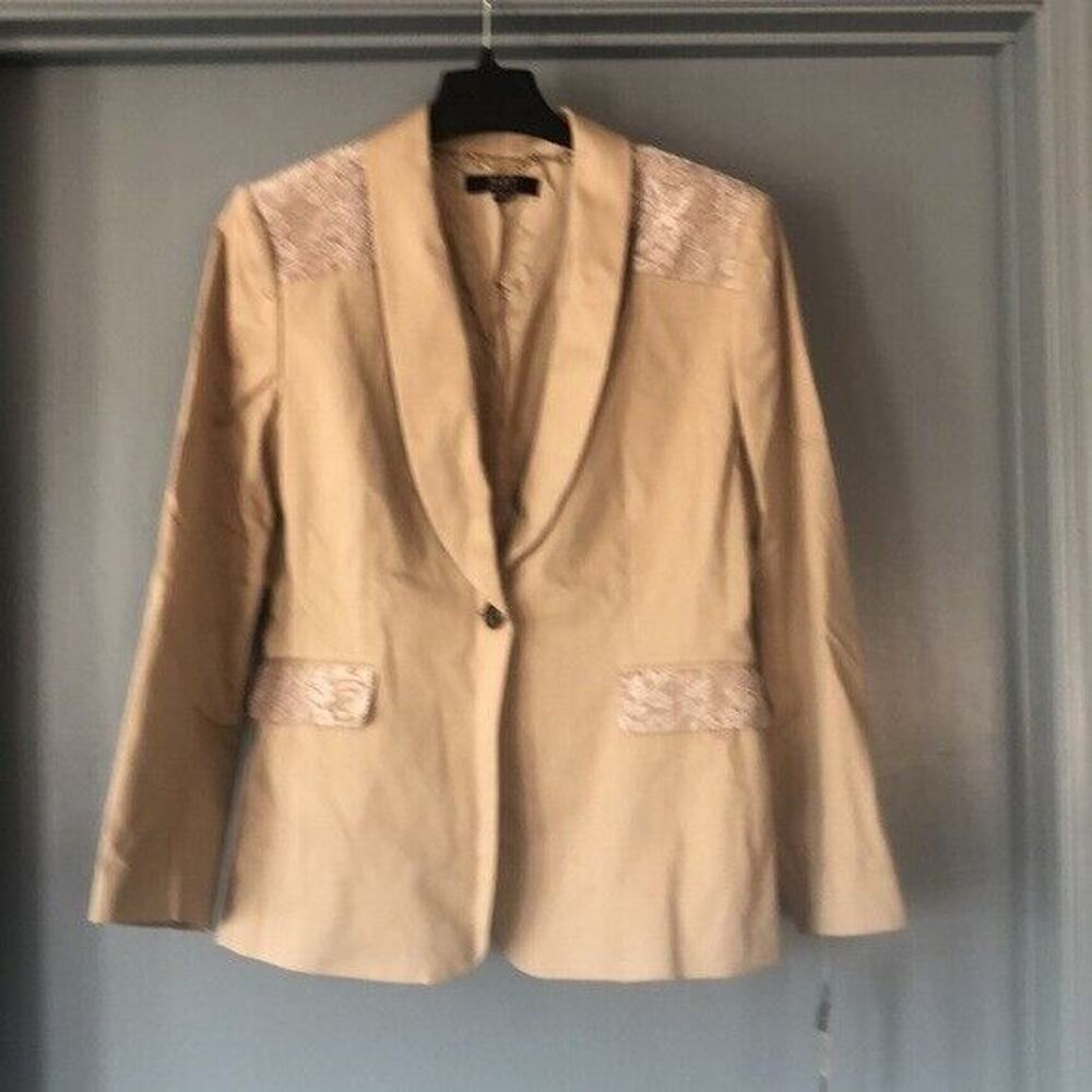NWT Alex Marie Women Beige Office Blazer Jacket Sz 14 Lace Trim Long Sleeve Y2K